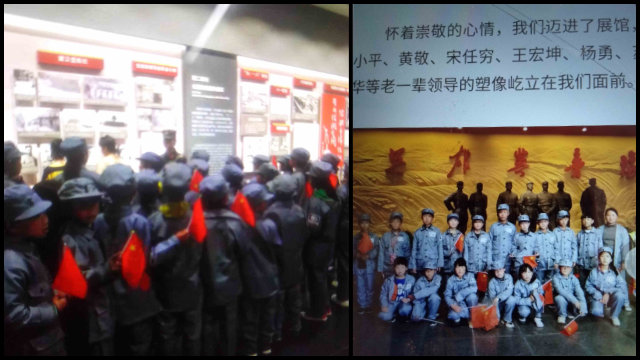 Scolari delle elementari della città di Anyang nell’Henan con indosso uniformi dell’esercito comunista partecipano a un viaggio di studio rosso