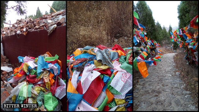 La bandiere dei fedeli tibetani attorno agli stupa vengono abbattute