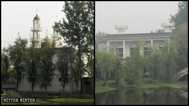 La moschea nel villaggio Xijie nella contea di Wuyang prima e dopo la rimozione dei simboli islamici