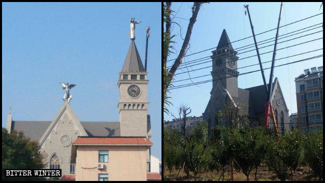 Le statue di Gesù benedicente e di due angeli sono state rimosse dal tetto della chiesa