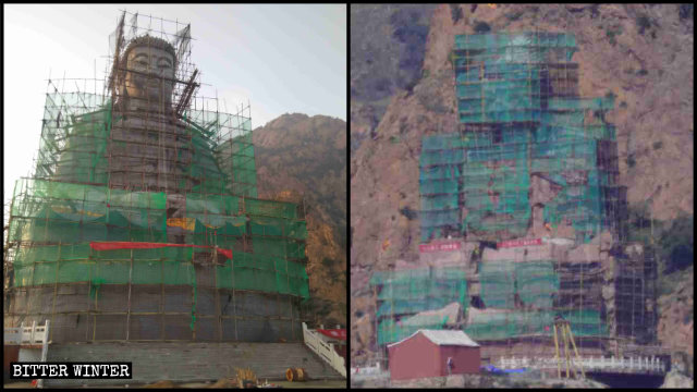 La statua di Shakyamuni durante i lavori di copertura