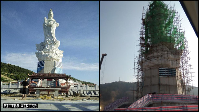 La statua della Guanyin sul monte Tianzhou durante i lavori di demolizione